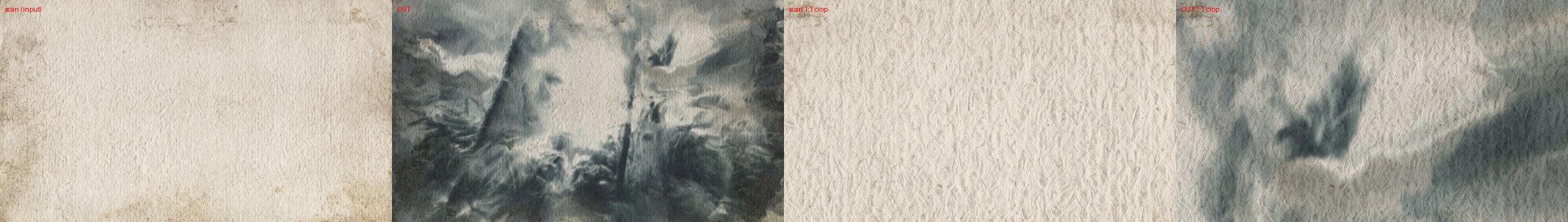 The paper scan as input, and the result with Scan colour 1 and Scan contrast 3: the full frame and a 1:1 crop.