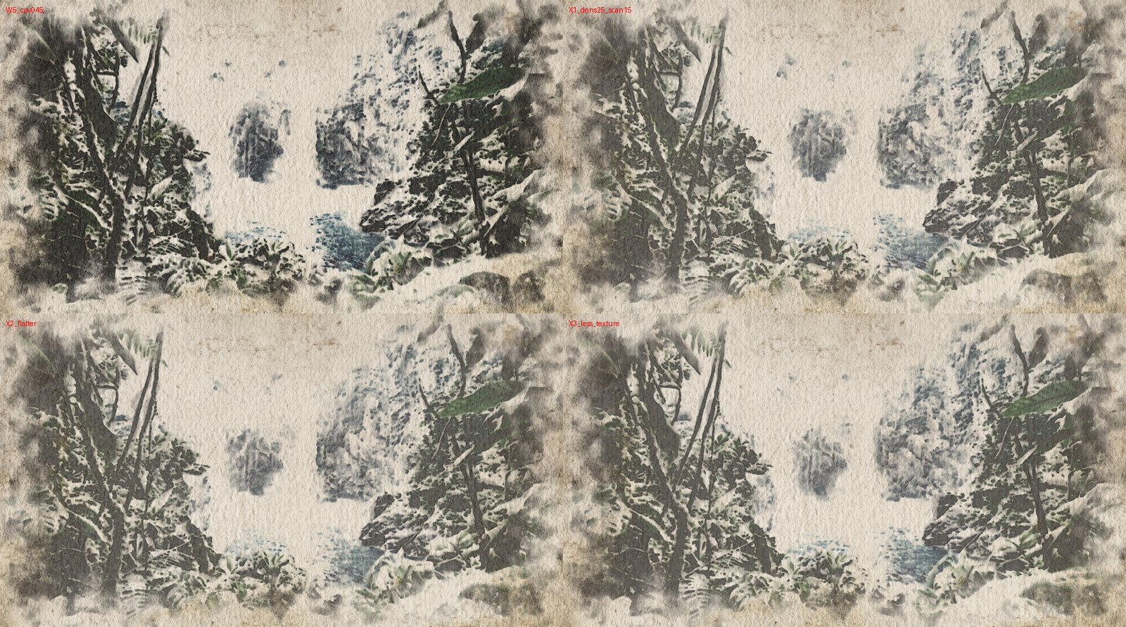 Still variants on the waterfall image. W5: paint coverage 0.45. X1: max density 2.5, scan contrast 1.5. X2: flatter washes. X3: less granulation and paper tone (chosen).