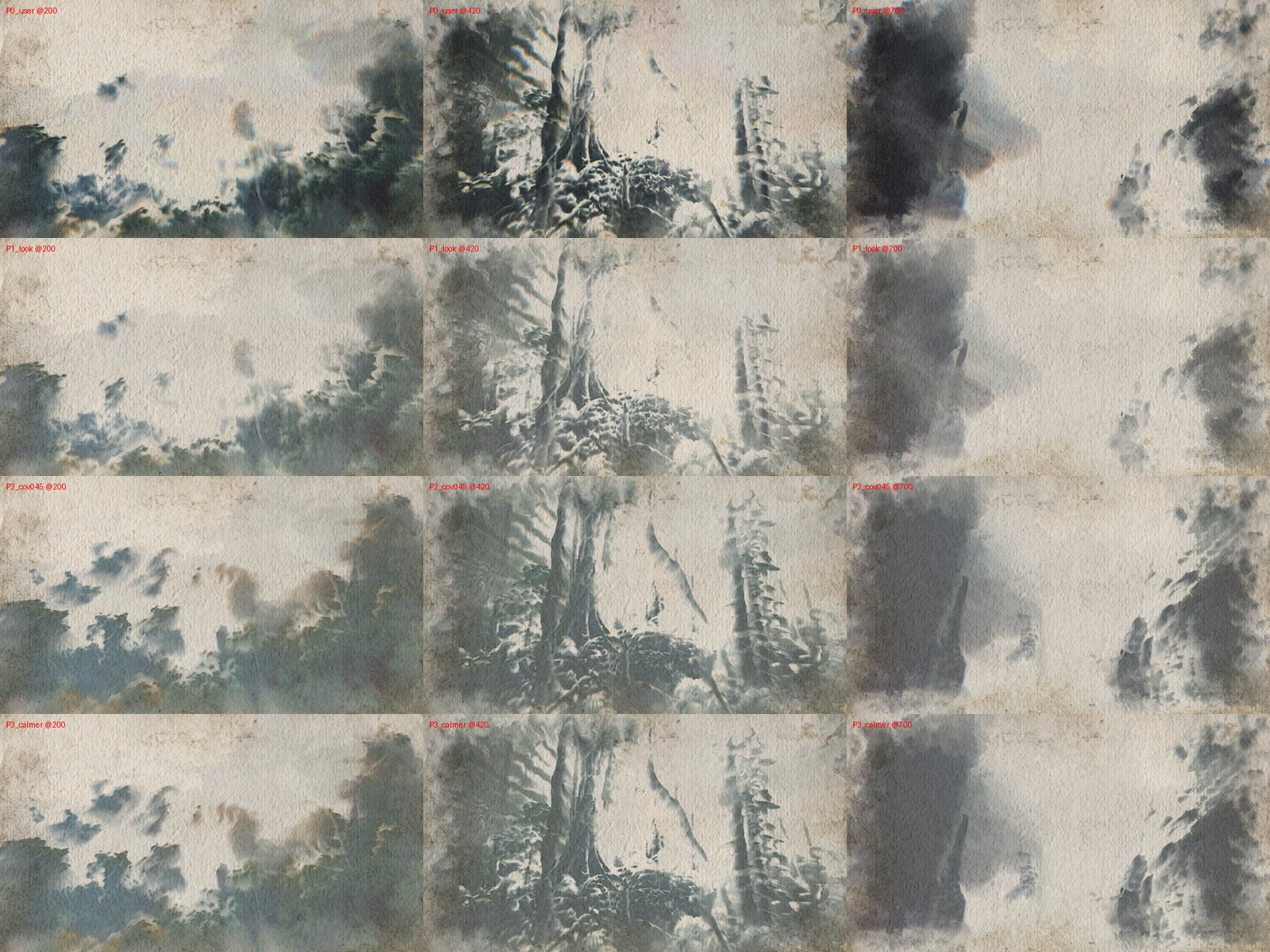 The four video candidates at frames 200, 420 and 700. P0: hand-tuned. P1: the still look. P2: the same with paint coverage 0.45 (chosen). P3: P2 with calmer water.