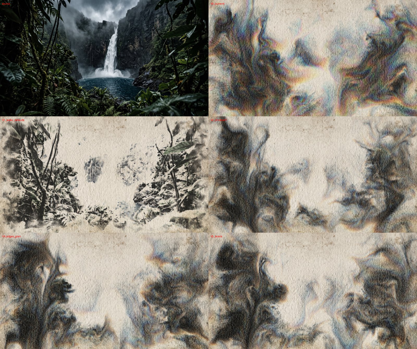On a still: the source; V0 with the video preset's lively water, stirred into marbled swirls with rainbow fringes; V1 with the calm default water; V2, V4 and V5 still carry the video water.